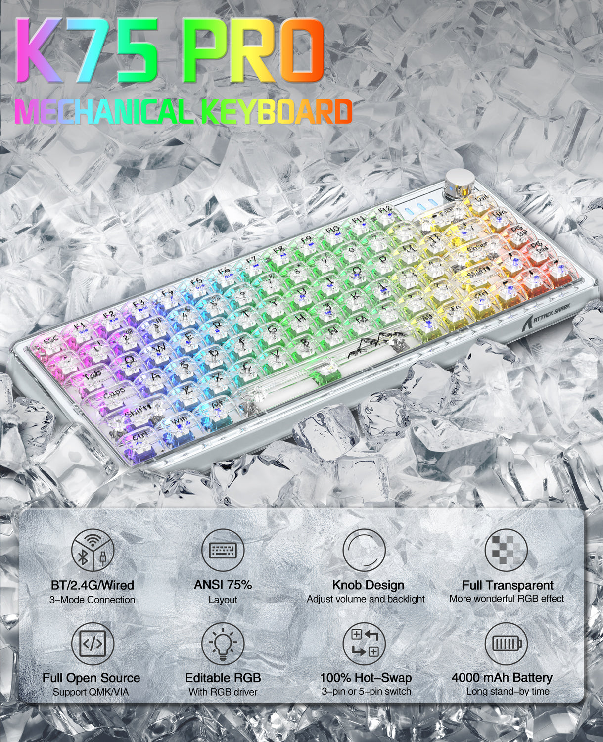 K75PRO Attack Shark Gaming Wireless Transparent RGB Keyboard