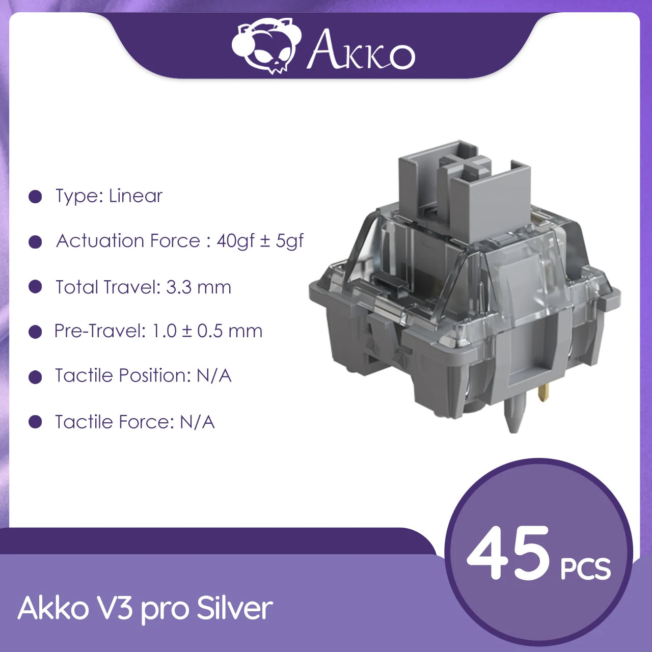 Akko V3 Silver pro Switches 5 Pin 40gf خطي مع ساق مقاوم للغبار 