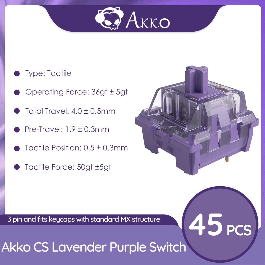 Akko CS Lavender Purple Switches 3 Pin 36gf اللمس التبديل متوافق مع لوحة المفاتيح الميكانيكية MX (45 قطعة) 