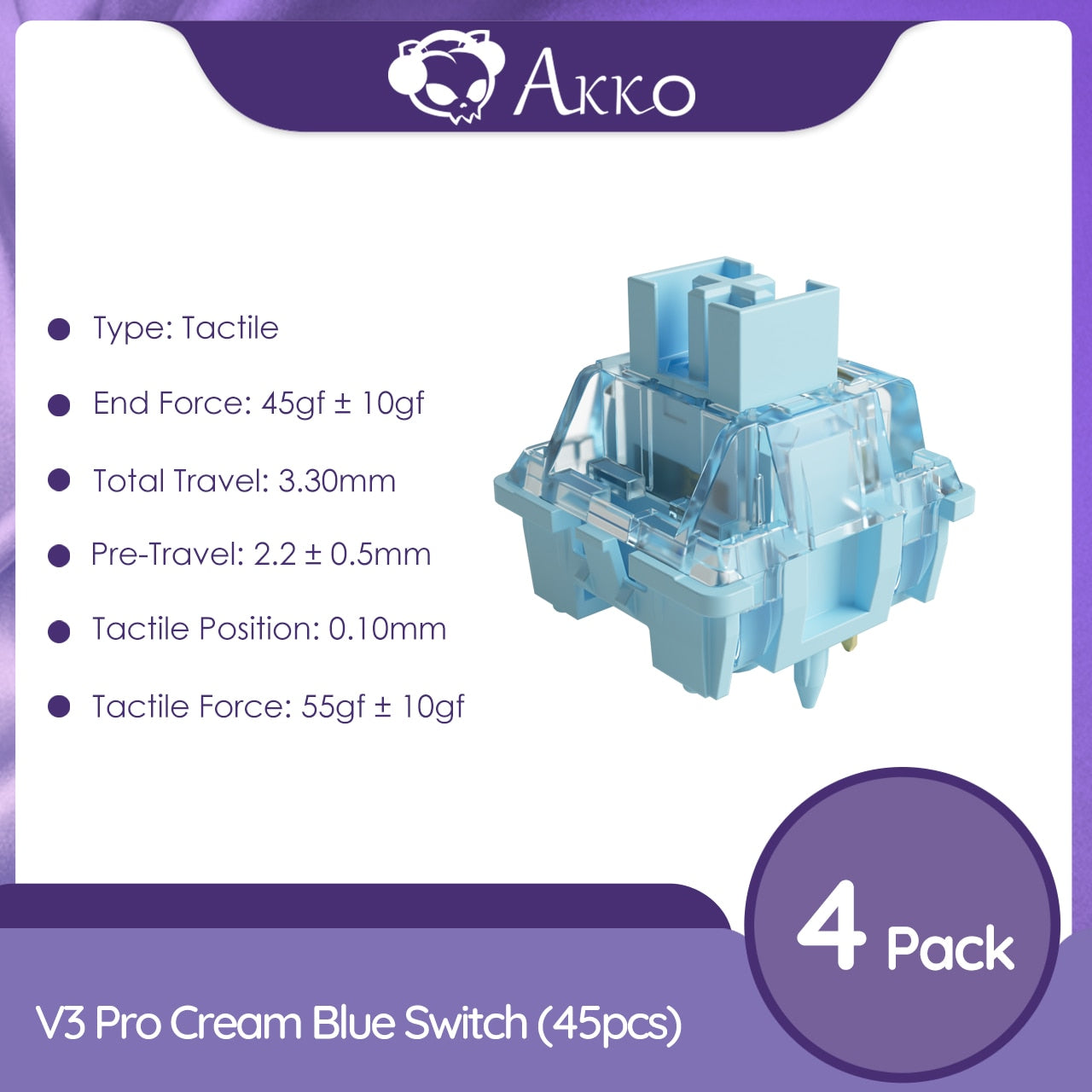 Akko V3/V3 Pro Cream Blue Switch 3 Pin 38gf مفتاح اللمس مع جذع مقاوم للغبار متوافق مع لوحة المفاتيح الميكانيكية MX 