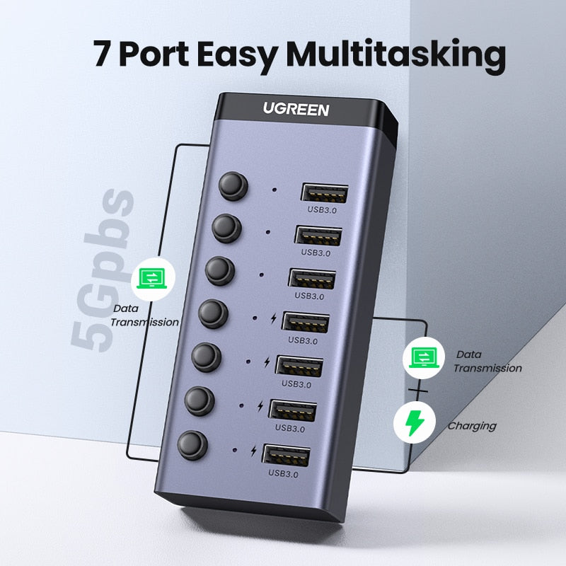 UGREEN USB C Hub بسرعة 5 جيجابت في الثانية و7 منافذ USB3.0 مع مؤشر LED للإيقاف/التشغيل الفردي للكمبيوتر المحمول MacBook Pro/Air