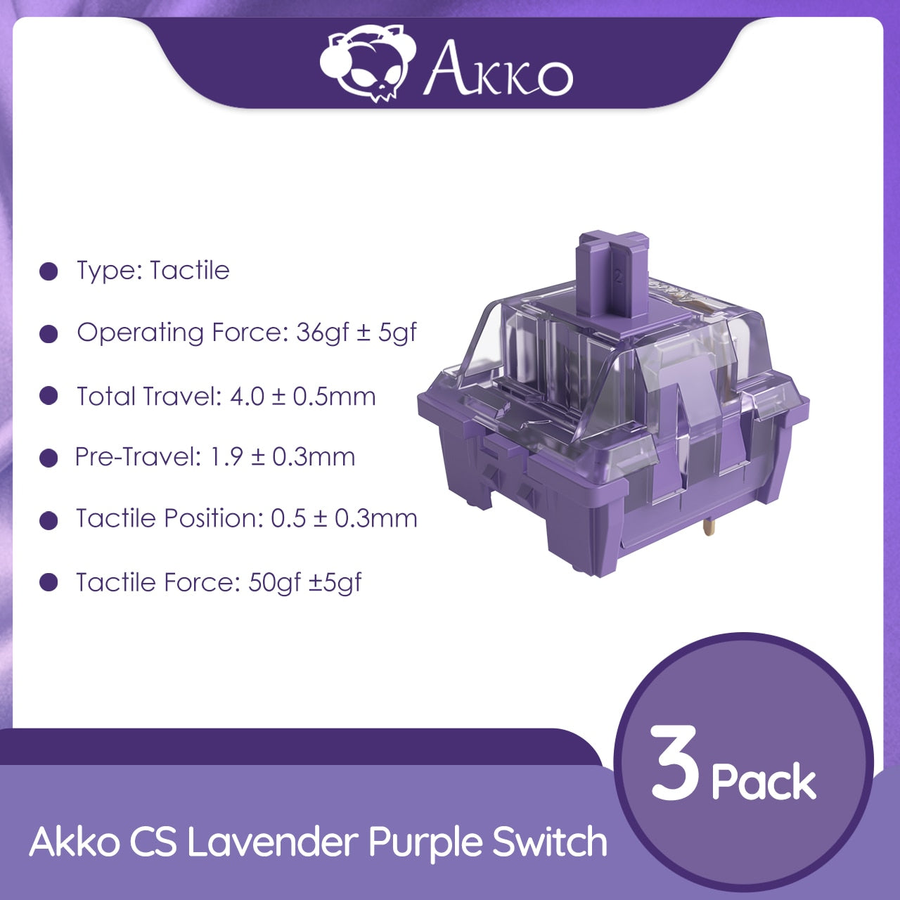 Akko CS Lavender Purple Switches 3 Pin 36gf اللمس التبديل متوافق مع لوحة المفاتيح الميكانيكية MX (45 قطعة) 