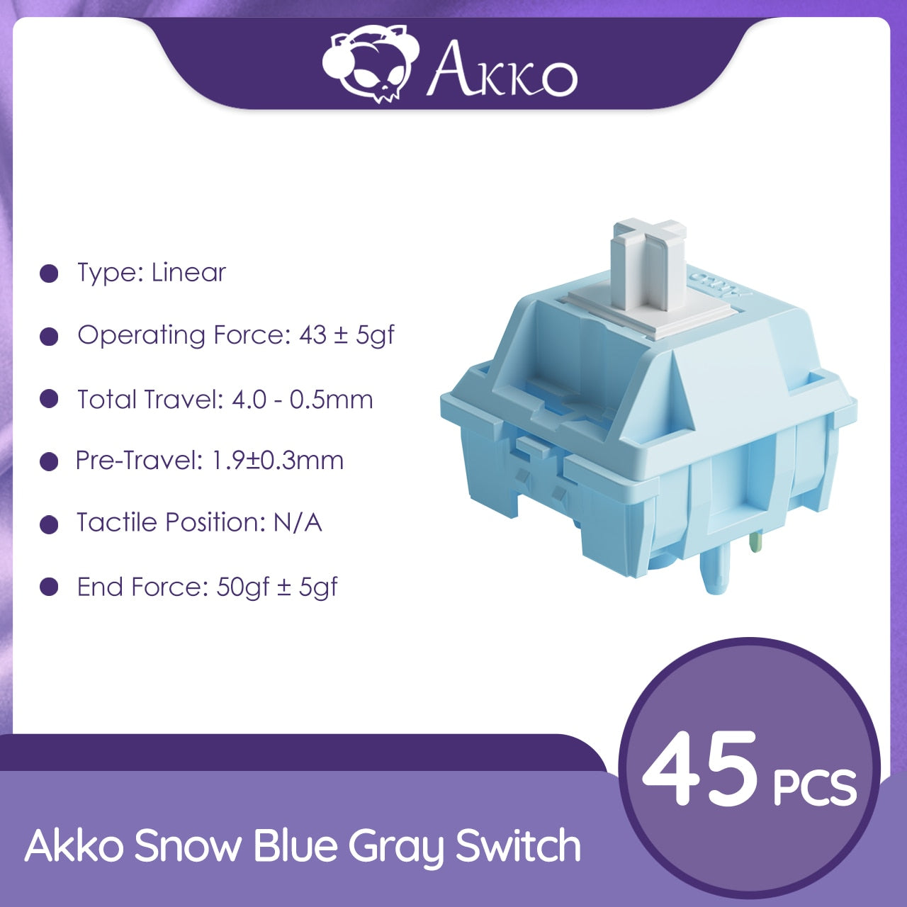 Akko CS Snow Blue Grey Switch 5 Pin 43gf Linear Switch Compatible with MX Mechanical Keyboard (45 pcs)