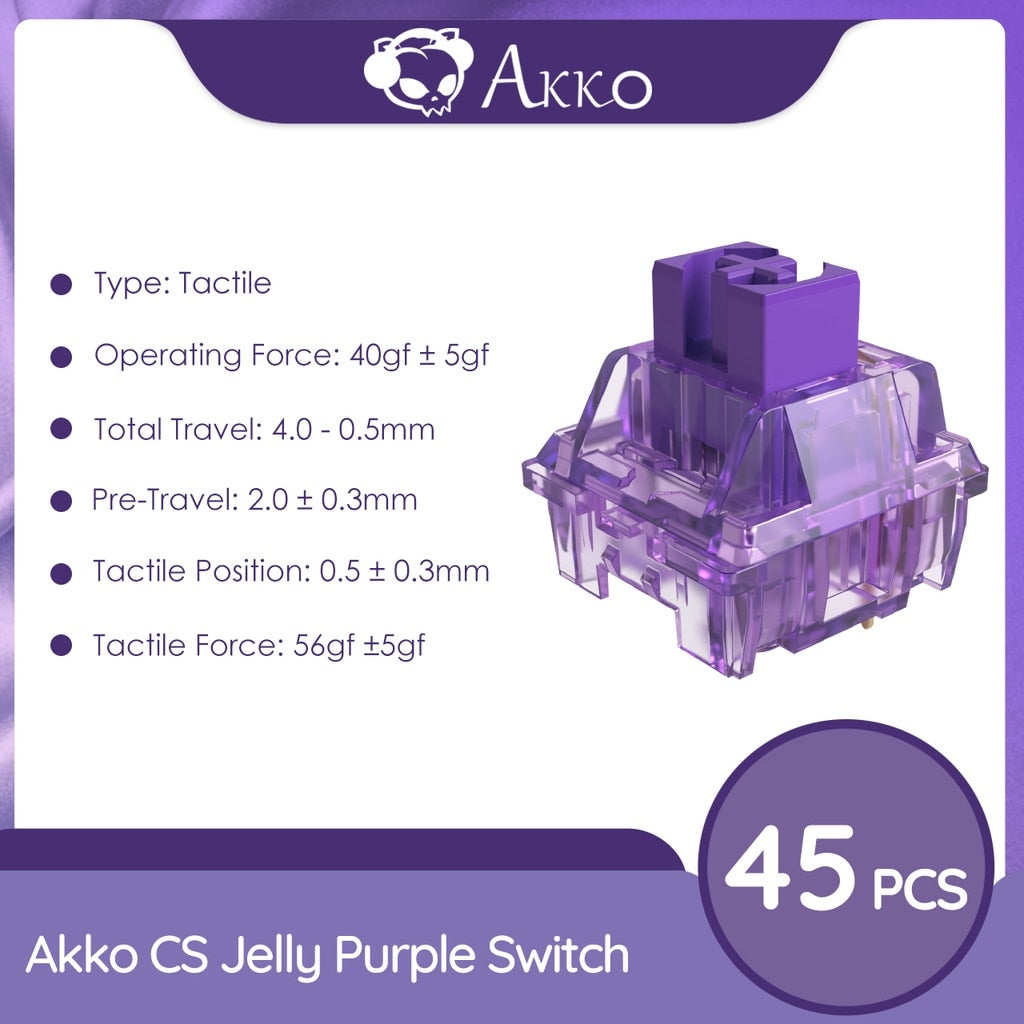 Akko CS Jelly Purple Switches 3 Pin 40gf Tactile Switch with Dustproof Stem Compatible with MX Mechanical Keyboard (45 pcs)