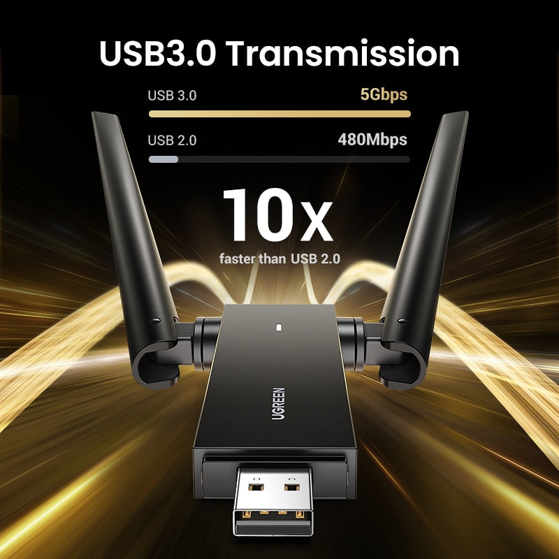 محول واي فاي من UGREEN AC1300 USB3.0 5 جيجا هرتز و2.4 جيجا هرتز هوائي مزدوج USB واي فاي للكمبيوتر المكتبي والكمبيوتر المحمول واي فاي هوائي شبكة إيثرنت USB