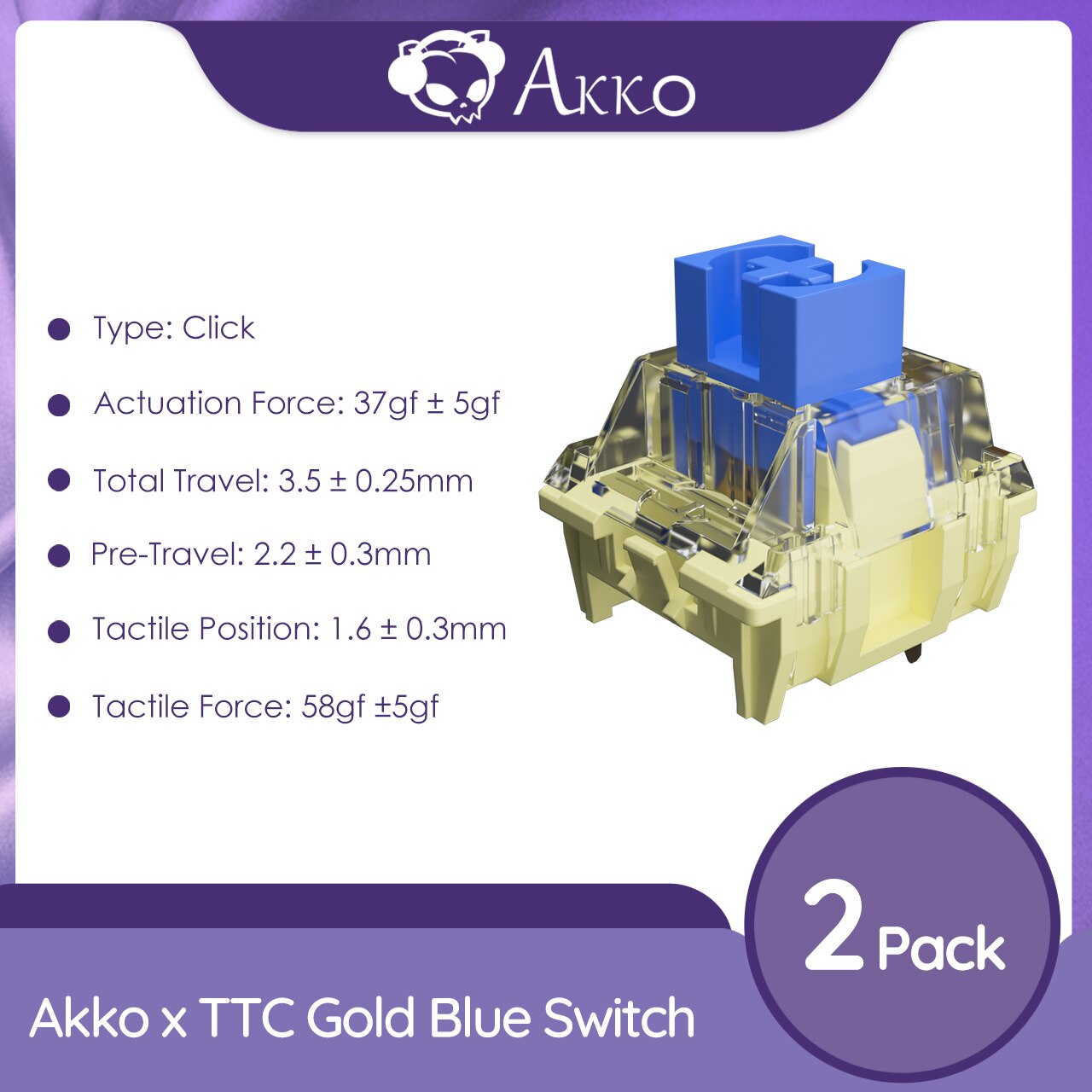 Akko x TTC Gold Blue Switch 3 Pin 37gf Click Switch متوافق مع لوحة المفاتيح الميكانيكية MX المخصصة القابلة للتبديل السريع (45 قطعة)