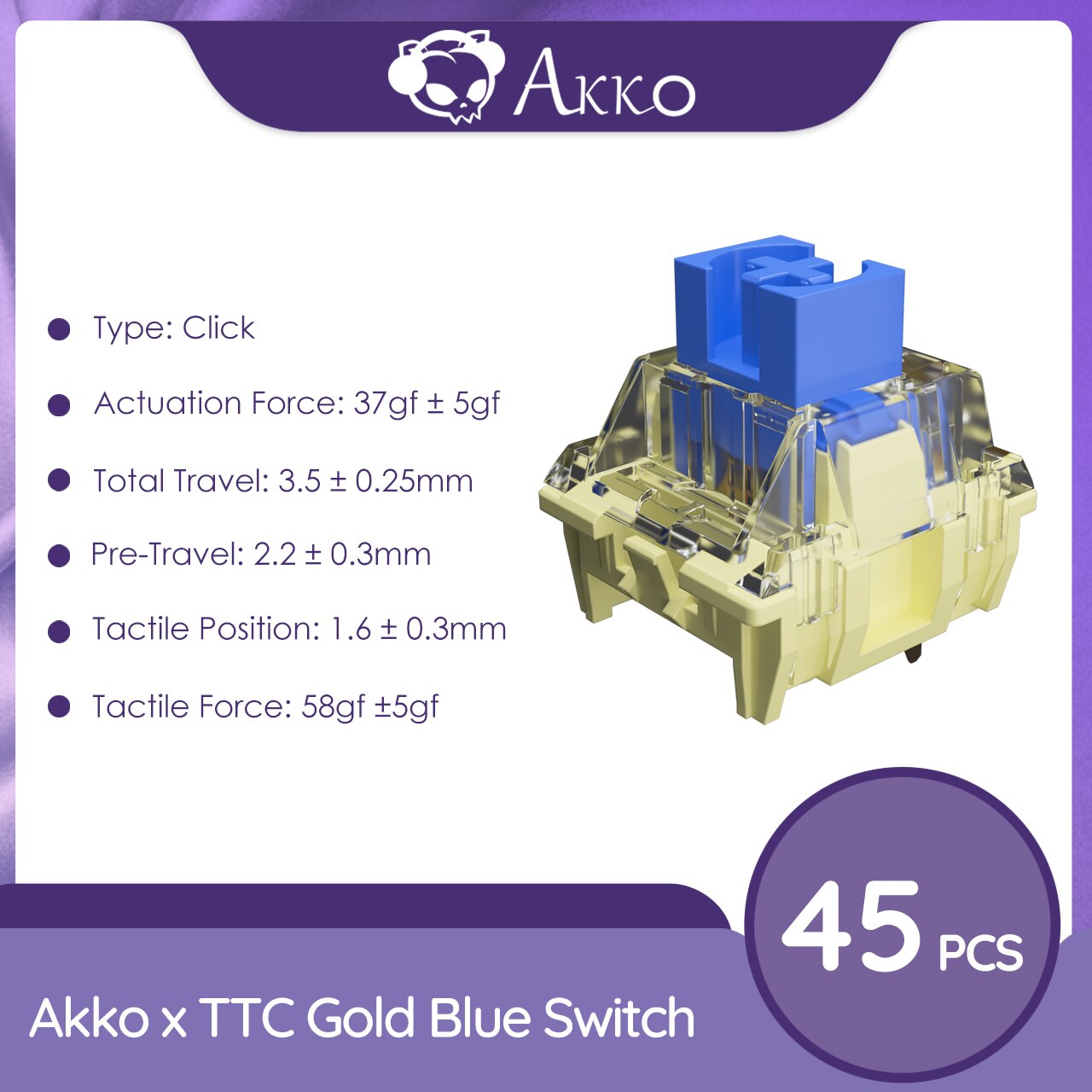 Akko x TTC Gold Blue Switch 3 Pin 37gf Click Switch Compatible for Hot-swappable Custom DIY MX Mechanical Keyboard (45 pcs)