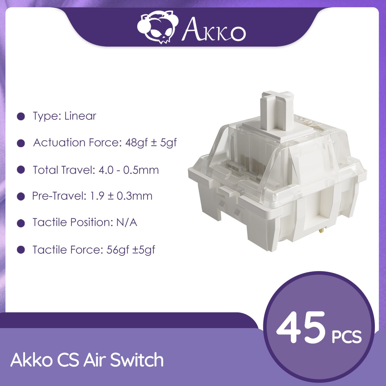 Akko Air Switch 3 Pin 48gf Linear Switch متوافق مع لوحة المفاتيح الميكانيكية MX (45 قطعة)