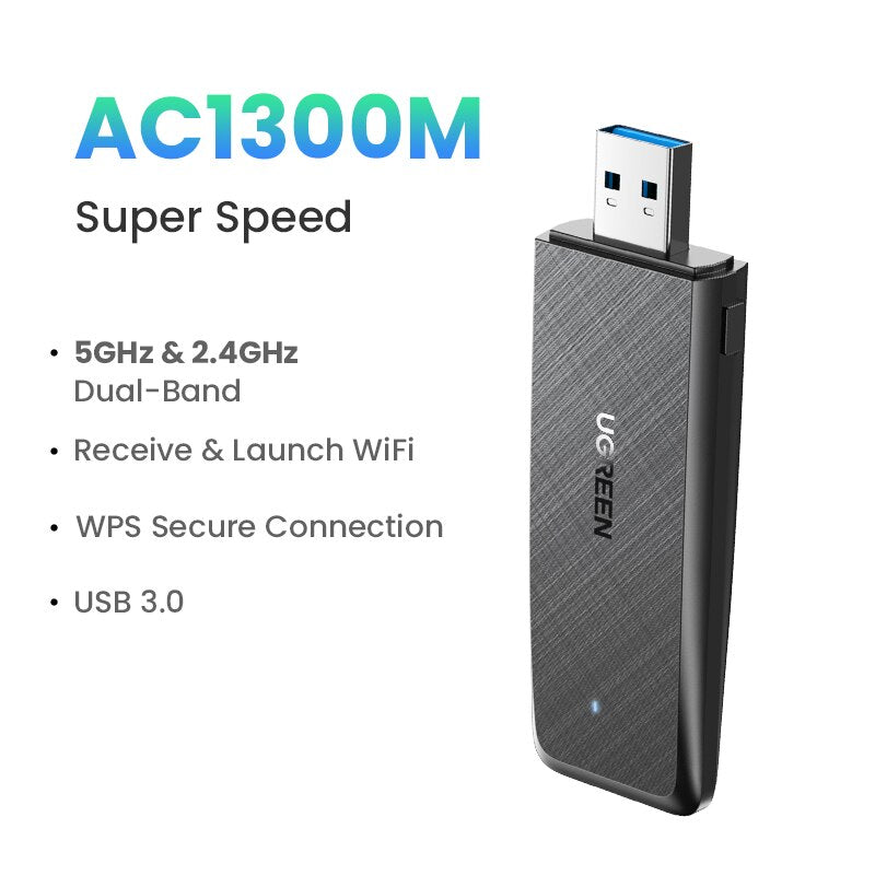 UGREEN محول واي فاي AC650/AC1300 5G &amp; 2.4G 6dBi هوائي واي فاي USB للكمبيوتر الشخصي ويندوز USB بطاقة شبكة إيثرنت واي فاي دونغل