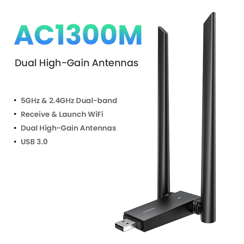 UGREEN محول واي فاي AC650/AC1300 5G &amp; 2.4G 6dBi هوائي واي فاي USB للكمبيوتر الشخصي ويندوز USB بطاقة شبكة إيثرنت واي فاي دونغل