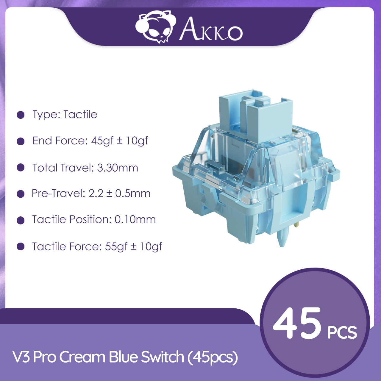 Akko V3/V3 Pro Cream Blue Switch 3 Pin 38gf مفتاح اللمس مع جذع مقاوم للغبار متوافق مع لوحة المفاتيح الميكانيكية MX 