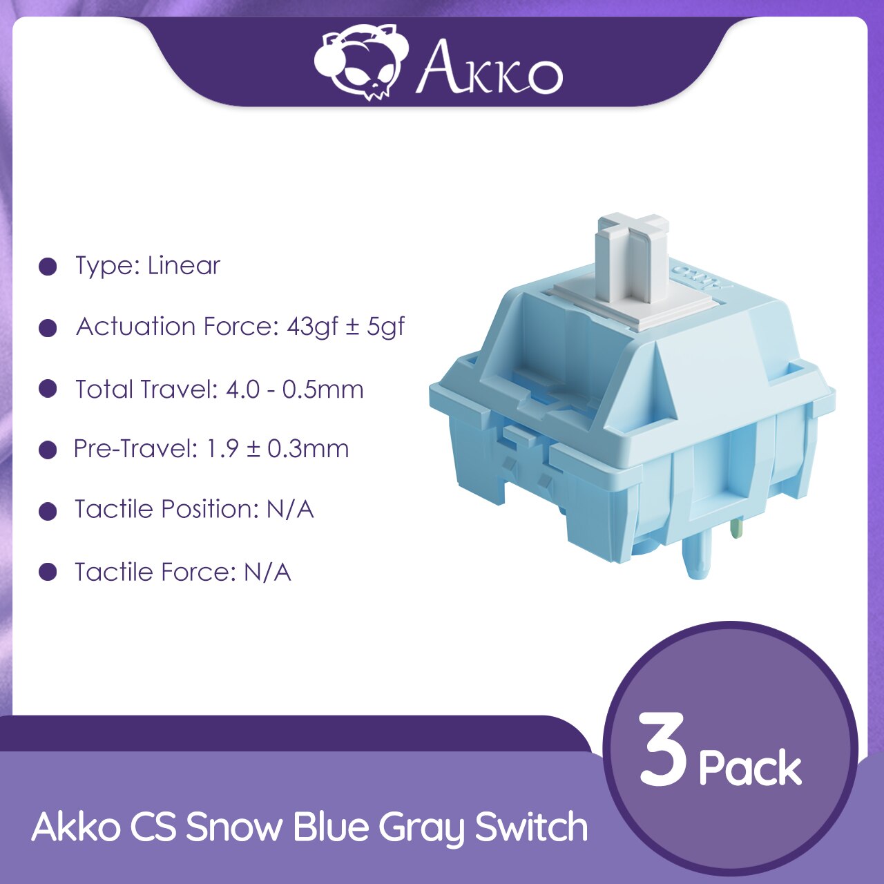 Akko CS Snow Blue Gray Switch 5 Pin 43gf خطي متوافق مع لوحة المفاتيح الميكانيكية MX (45 قطعة)