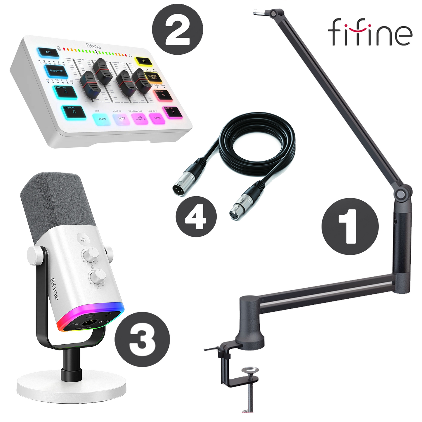 FIFINE Elite White Package (AM8+Mixer+Elite360 Stand+XLR Cable)