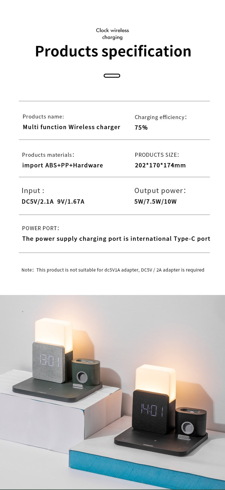 15W 3 in 1 Qi Wireless Charger with Clock