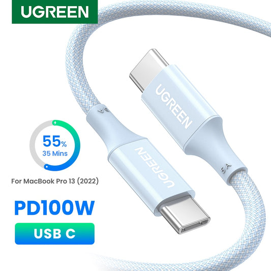 كابل USB 100 وات من UGREEN لأجهزة MacBook Samsung S21 E-marker Chip 5A Blue Silicone شحن سريع USB C Type C كابل سلك الهاتف المحمول