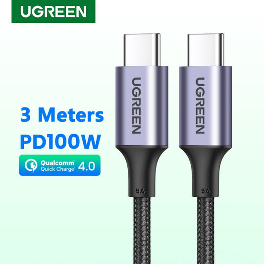 UGREEN كابل USB من النوع C إلى USB C بقوة 100 وات 3 أمتار لأجهزة Macbook iPad وسامسونج وشاومي PD سلك شاحن سريع الشحن 5A شريحة علامة إلكترونية