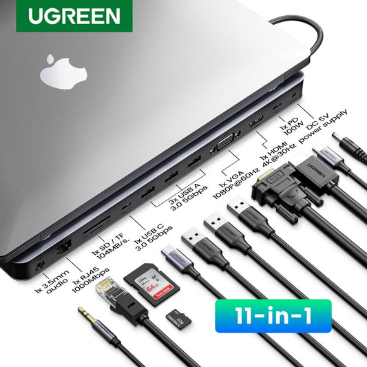 محطة إرساء UGREEN USB C 11 في 1 HUB USB C إلى HDMI 4K VGA RJ45 PD 100W SD TF 3.5 لأجهزة MacBook Pro Air M1 قاعدة كمبيوتر محمول USB HUB