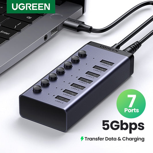 UGREEN USB C Hub بسرعة 5 جيجابت في الثانية و7 منافذ USB3.0 مع مؤشر LED للإيقاف/التشغيل الفردي للكمبيوتر المحمول MacBook Pro/Air