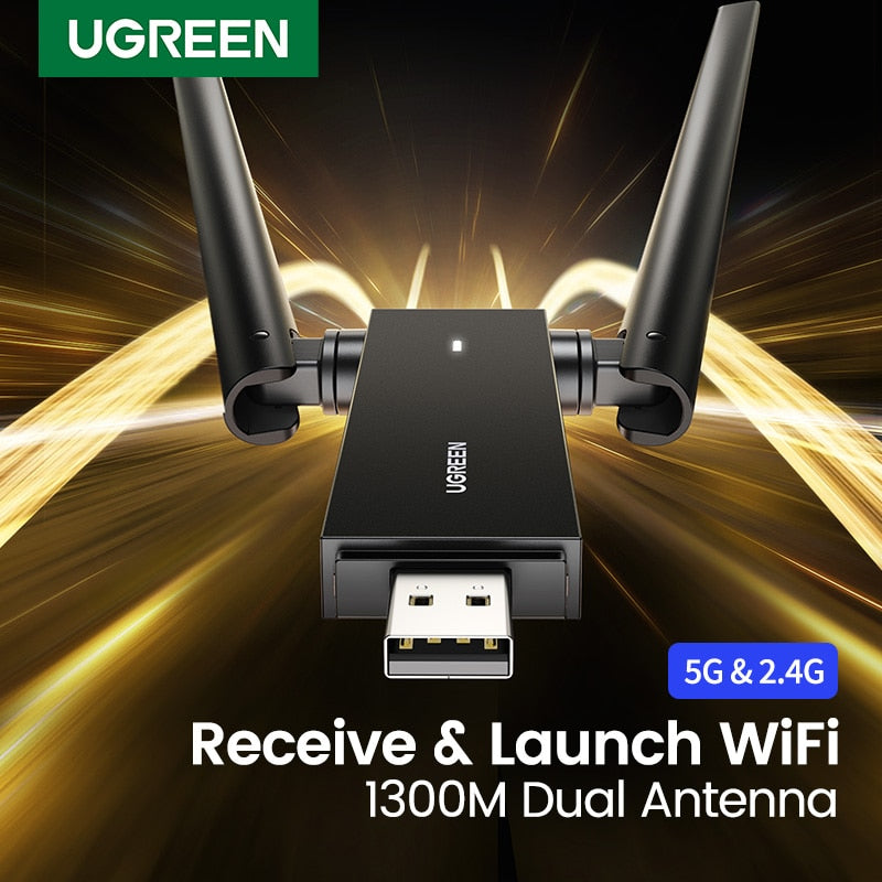 محول واي فاي من UGREEN AC1300 USB3.0 5 جيجا هرتز و2.4 جيجا هرتز هوائي مزدوج USB واي فاي للكمبيوتر المكتبي والكمبيوتر المحمول واي فاي هوائي شبكة إيثرنت USB